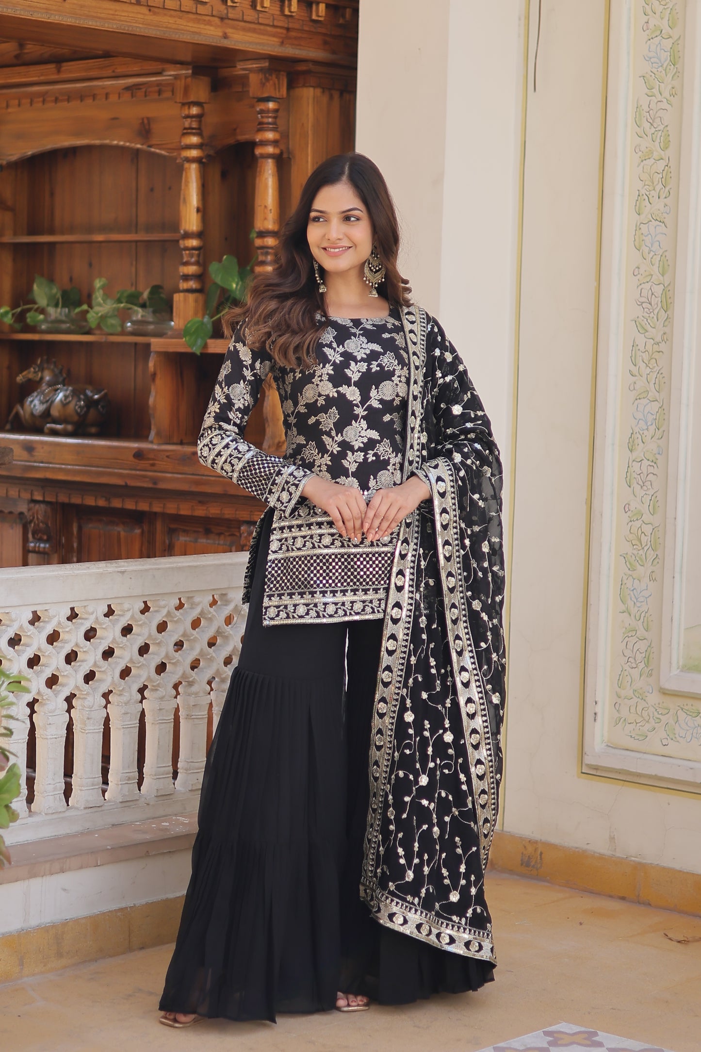 Sequence Work Faux Georgette Gharara Set