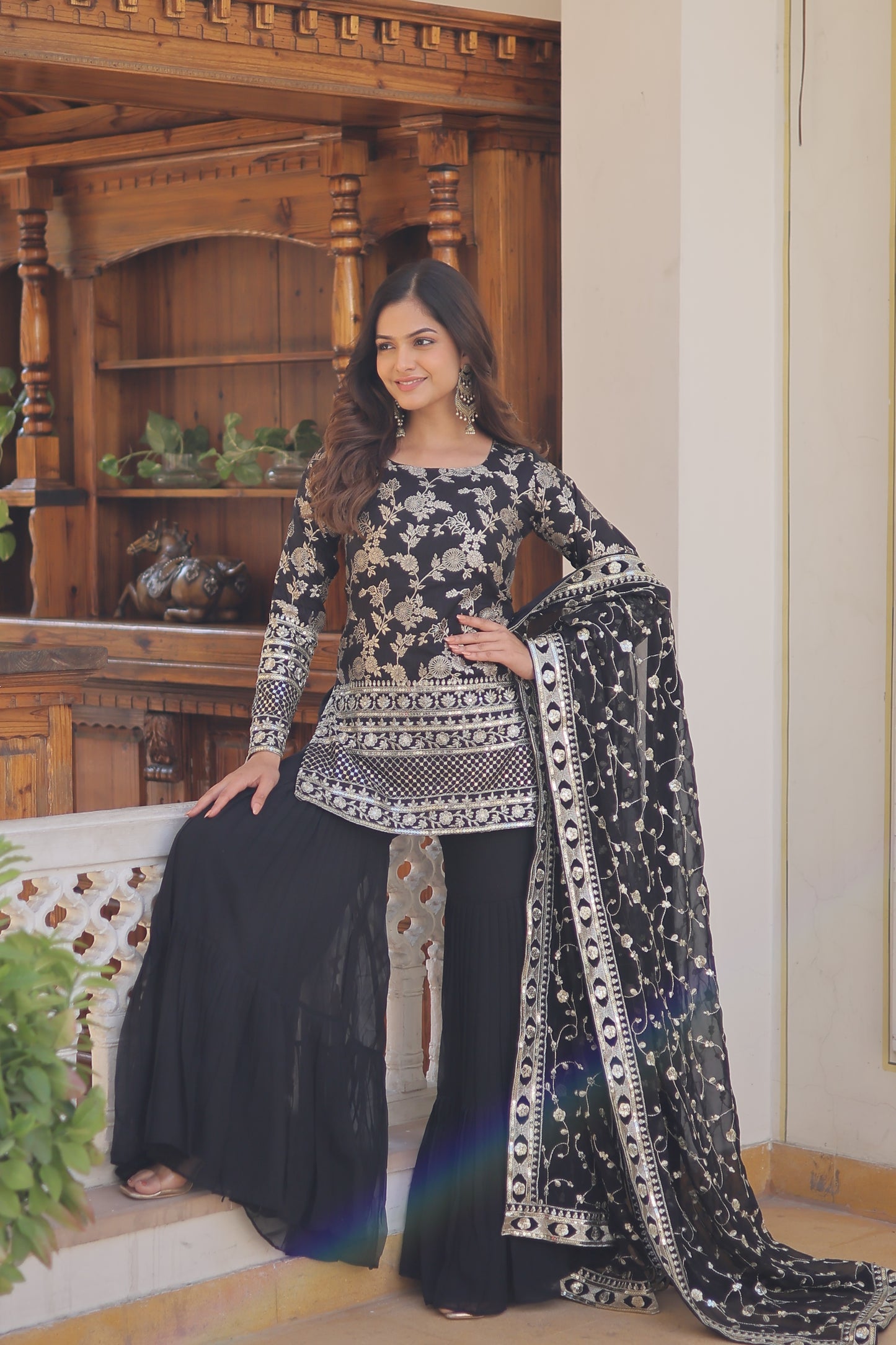 Sequence Work Faux Georgette Gharara Set