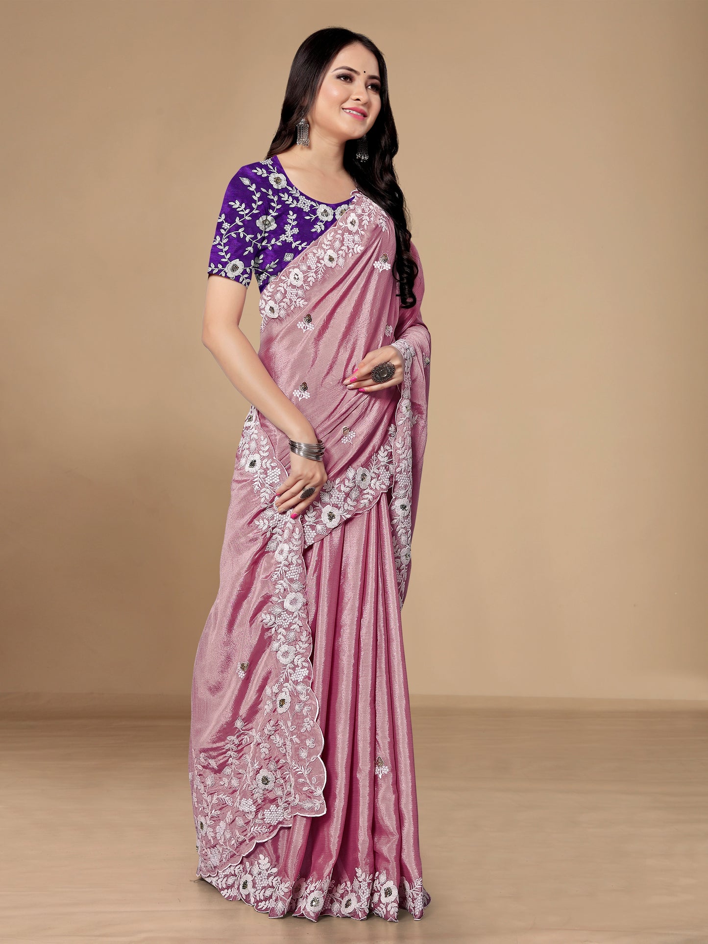 Chinon Silk Embroidered Saree