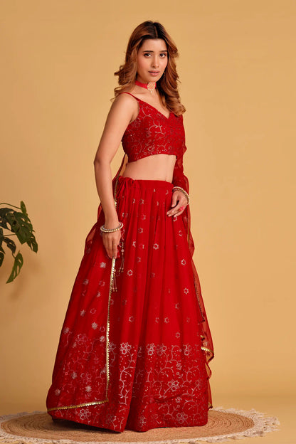 Red Wedding Wear Velvet Lehenga Choli