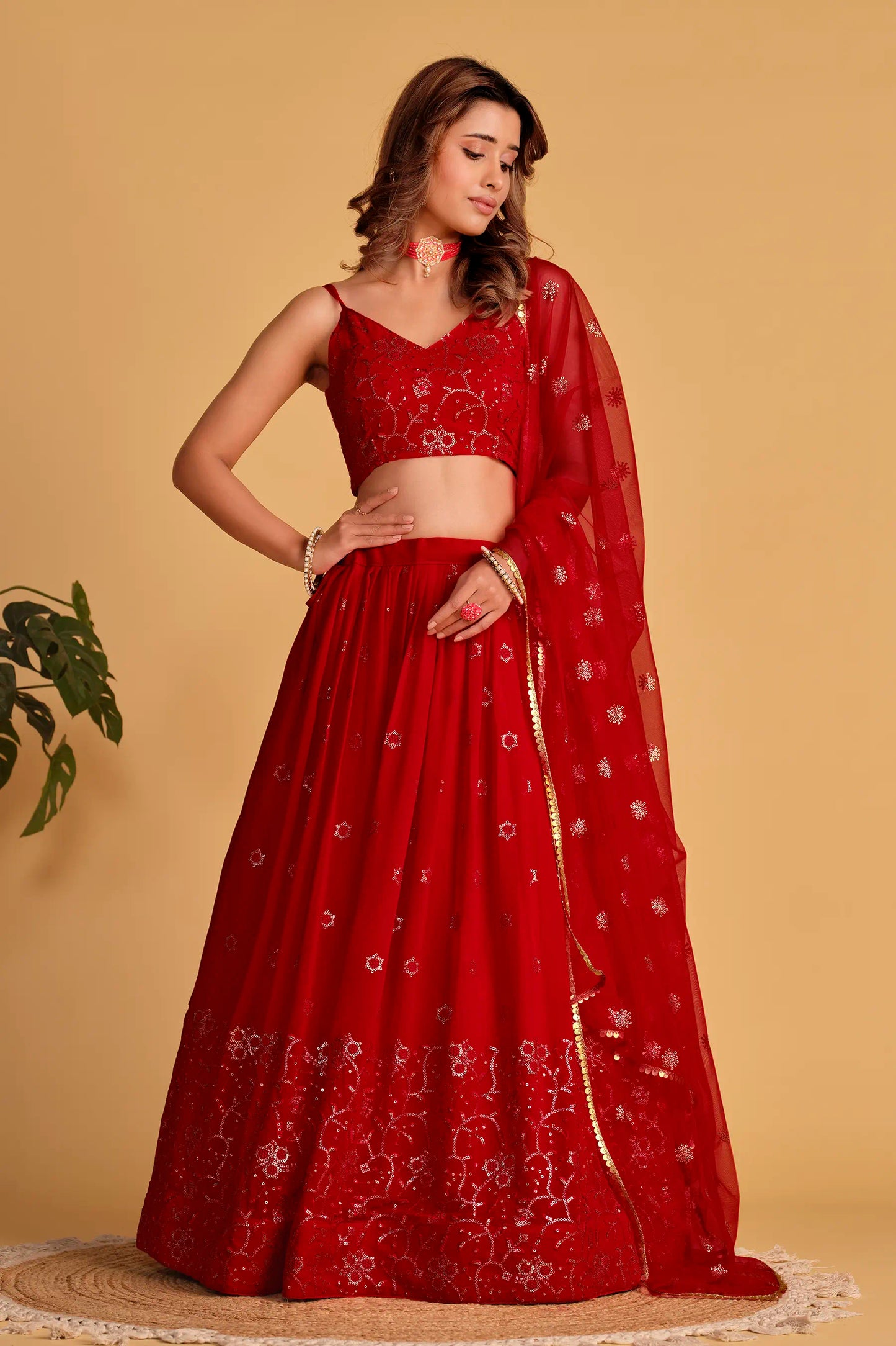 Red Wedding Wear Velvet Lehenga Choli