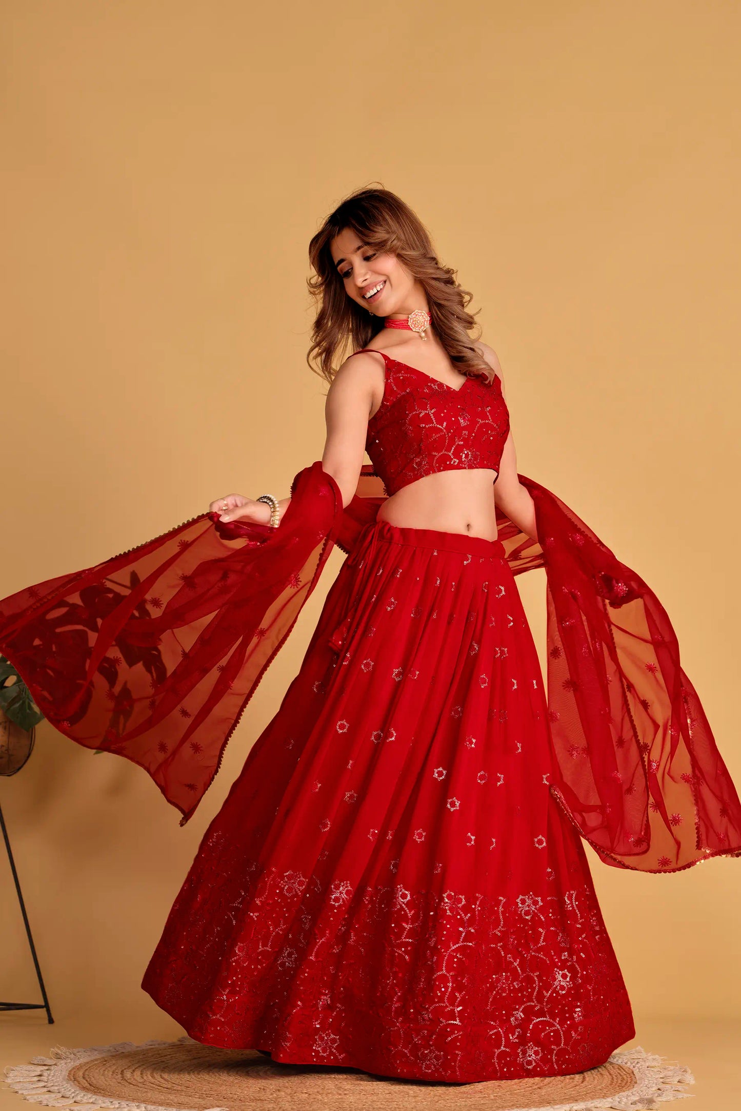 Red Wedding Wear Velvet Lehenga Choli