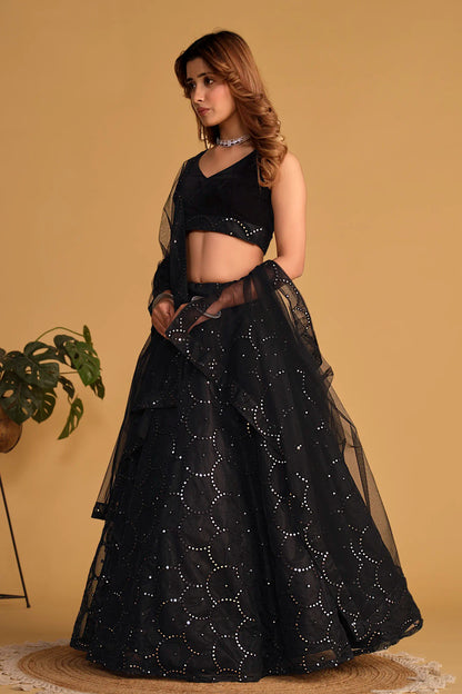 Black Wedding Wear Organza Net Lehenga Choli