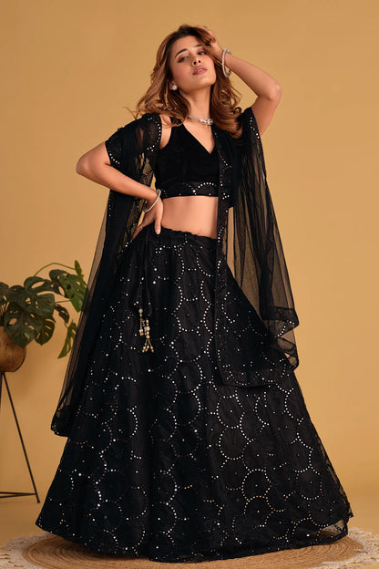 Black Wedding Wear Organza Net Lehenga Choli