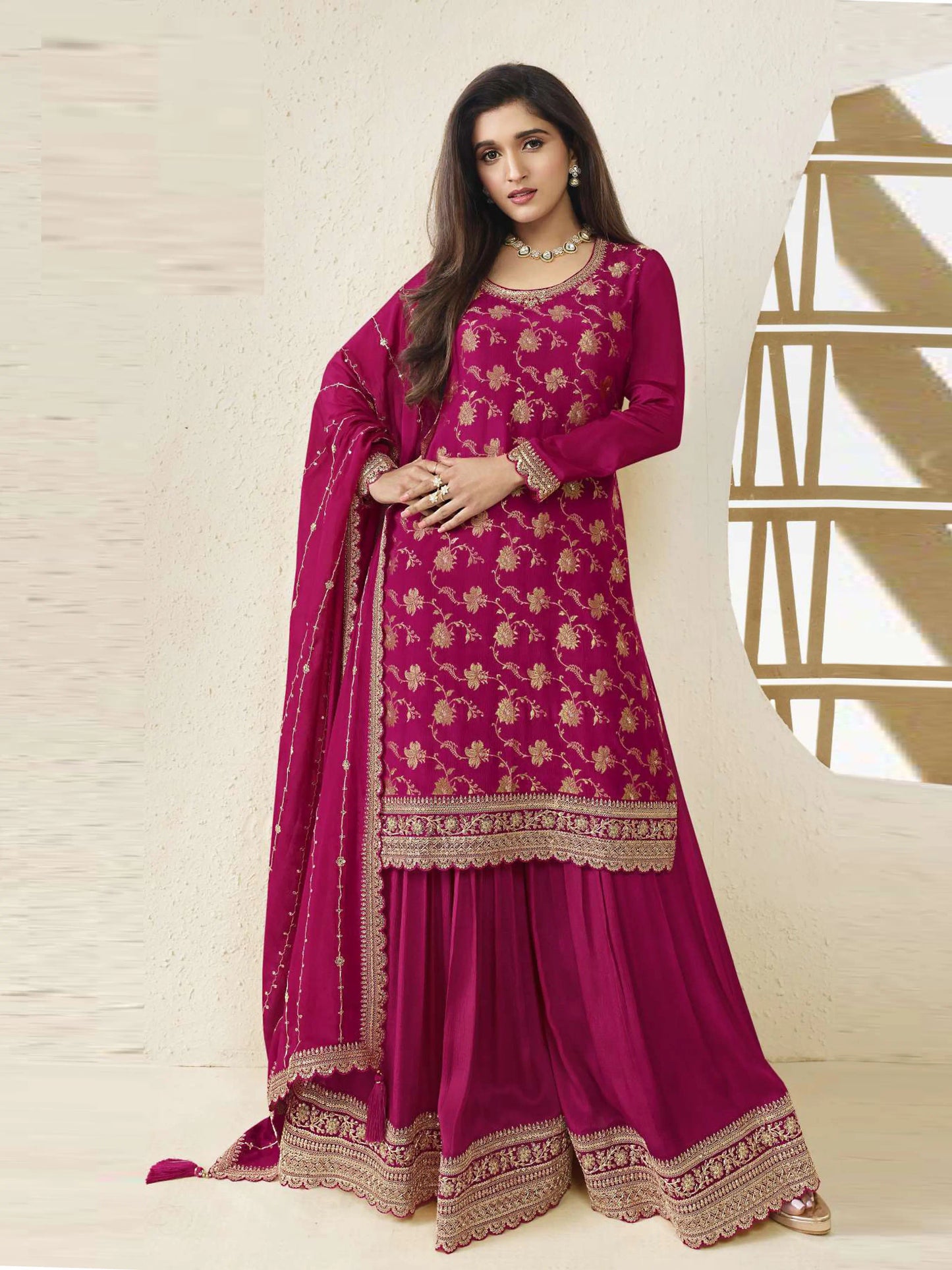 Chinon Designer Embroidered Chinon Jacquard Salwar Suit