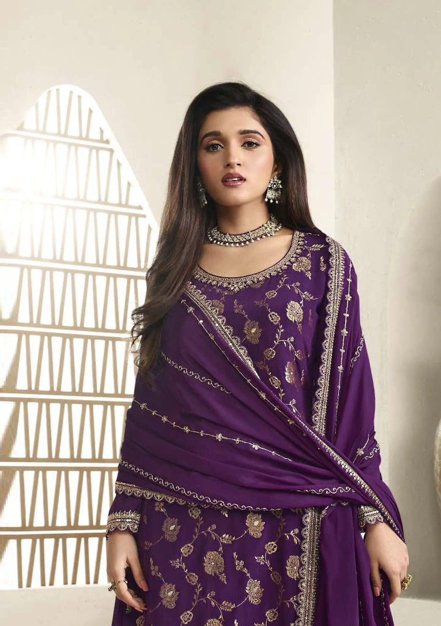 Chinon Designer Embroidered Chinon Jacquard Salwar Suit