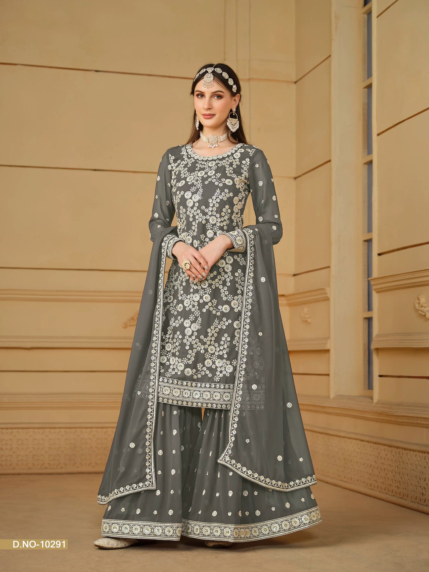 Faux Georgette Embroidered Sharara Suit