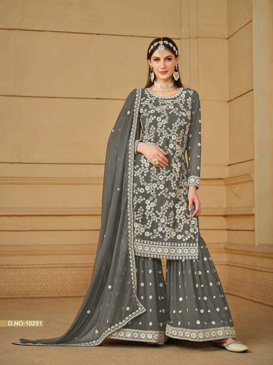 Faux Georgette Embroidered Sharara Suit