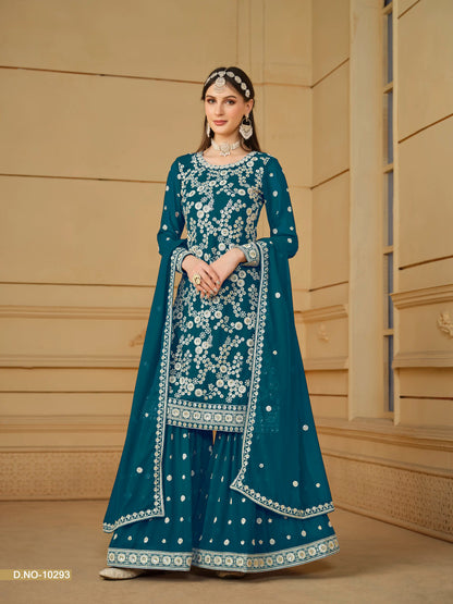 Faux Georgette Embroidered Sharara Suit