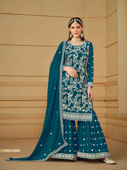 Faux Georgette Embroidered Sharara Suit