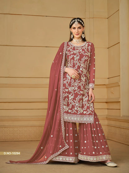 Faux Georgette Embroidered Sharara Suit