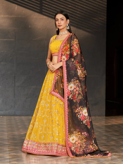 Yellow Black Lehenga Choli With Zari Sequins Embroidery