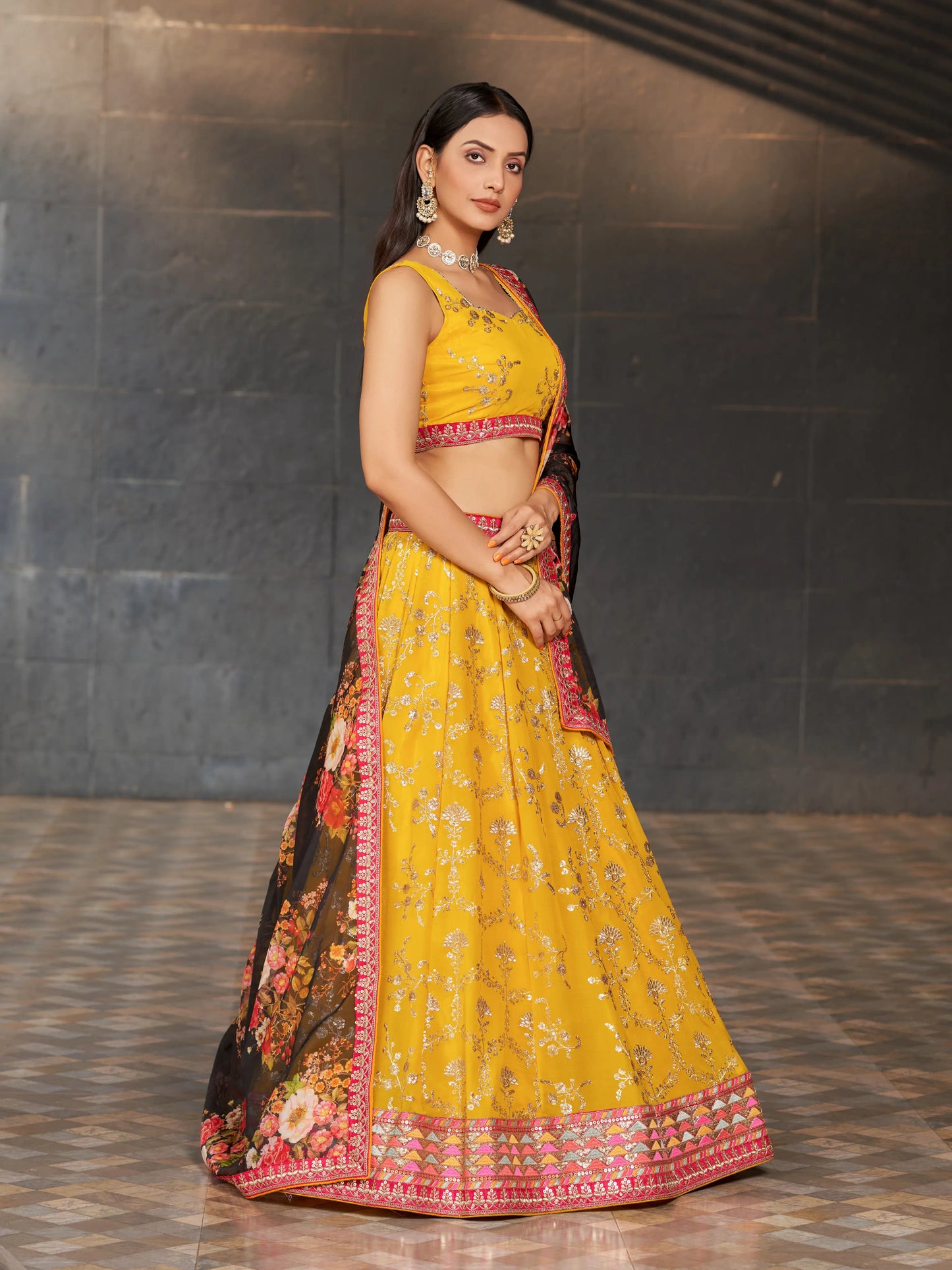 Yellow Black Lehenga Choli With Zari Sequins Embroidery