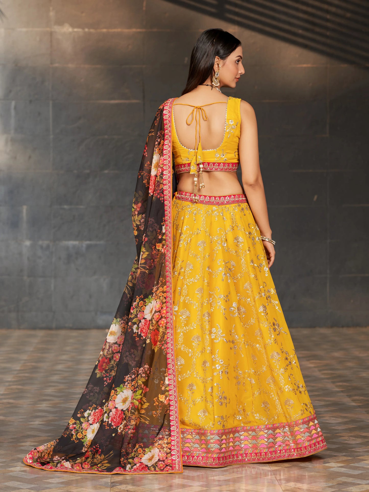 Yellow Black Lehenga Choli With Zari Sequins Embroidery