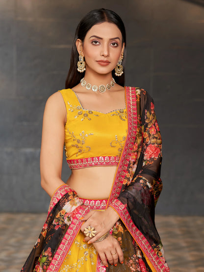 Yellow Black Lehenga Choli With Zari Sequins Embroidery