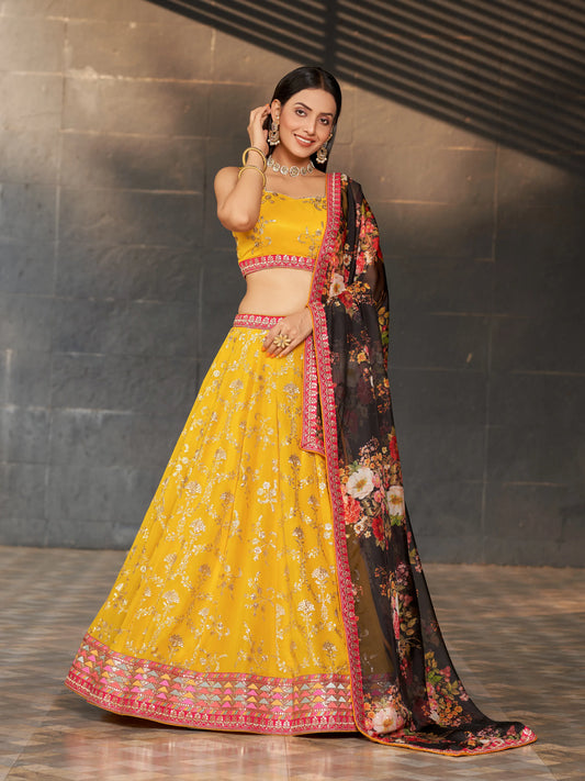 Yellow Black Lehenga Choli With Zari Sequins Embroidery