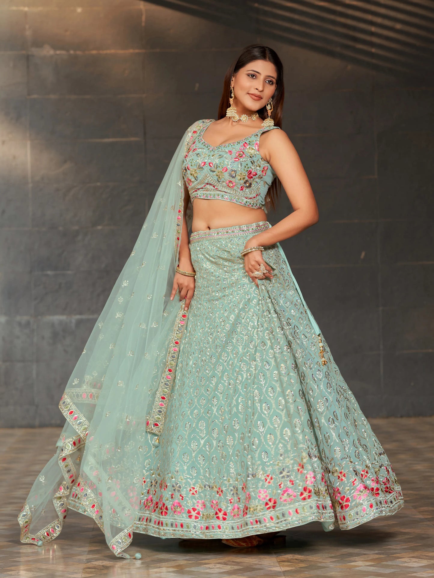 Sky Blue Lehenga Choli With Zari Sequins Embroidery