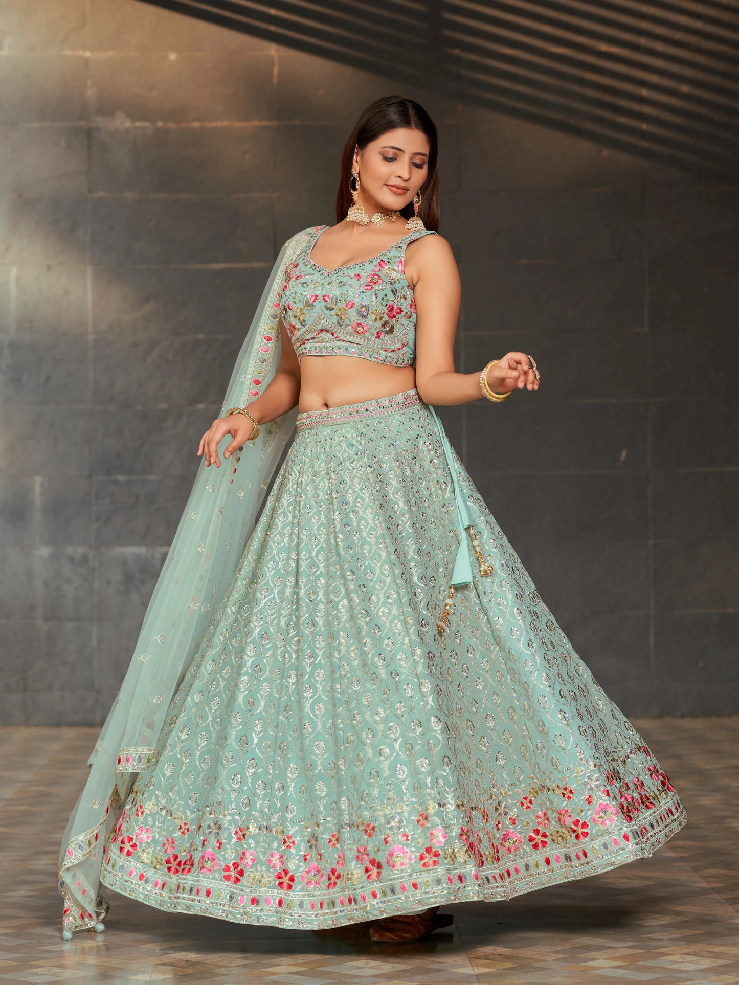 Sky Blue Lehenga Choli With Zari Sequins Embroidery