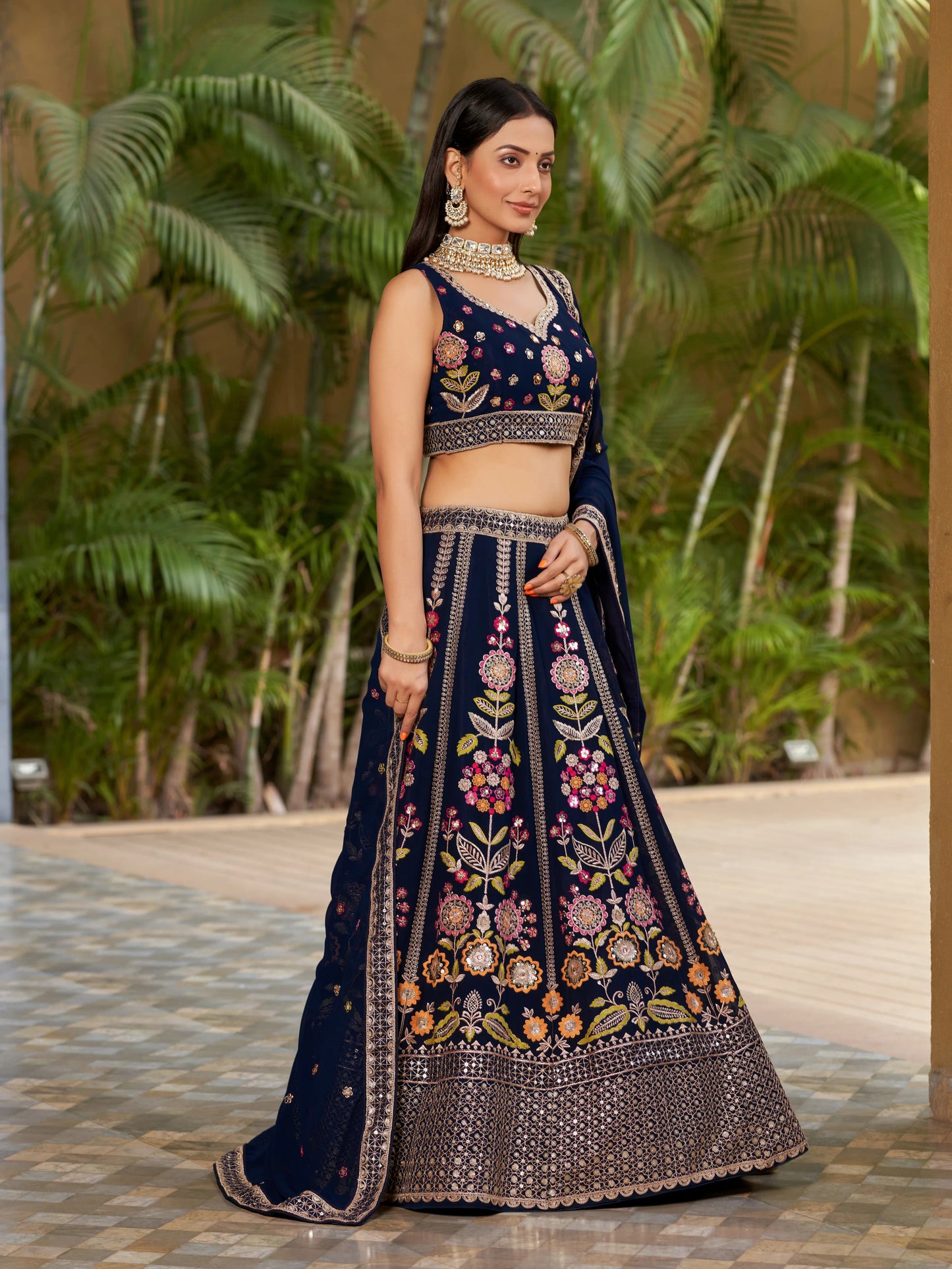 Navy Blue Lehenga Choli With Zari Sequins Embroidery