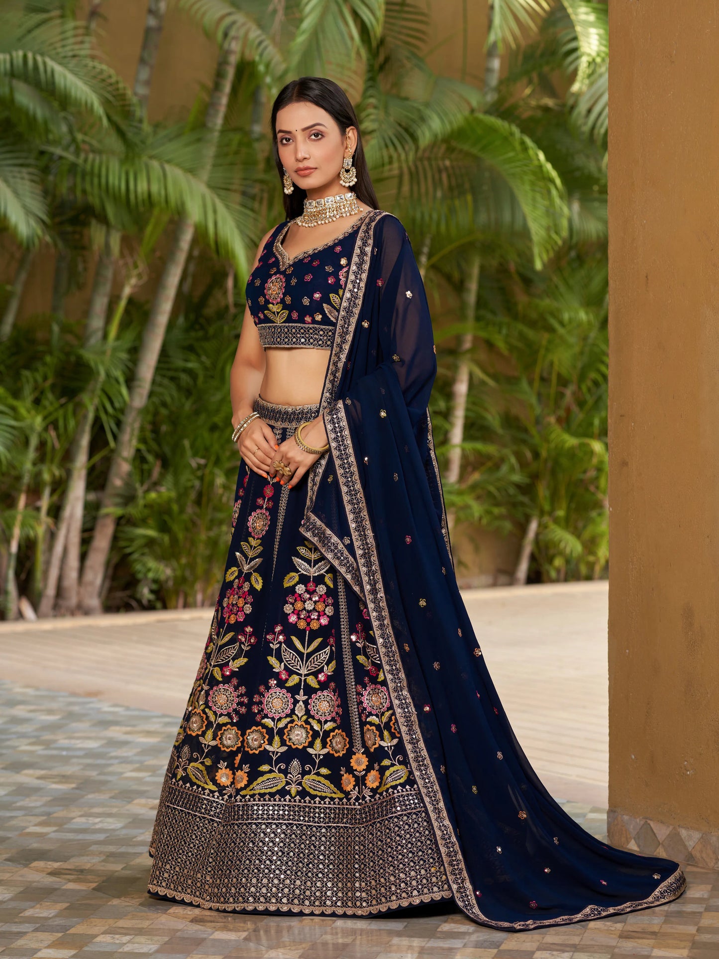 Navy Blue Lehenga Choli With Zari Sequins Embroidery