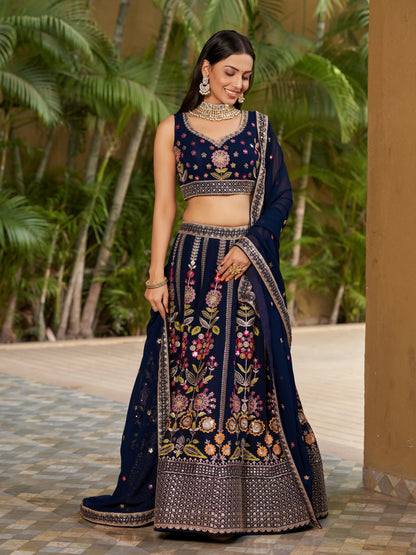 Navy Blue Lehenga Choli With Zari Sequins Embroidery