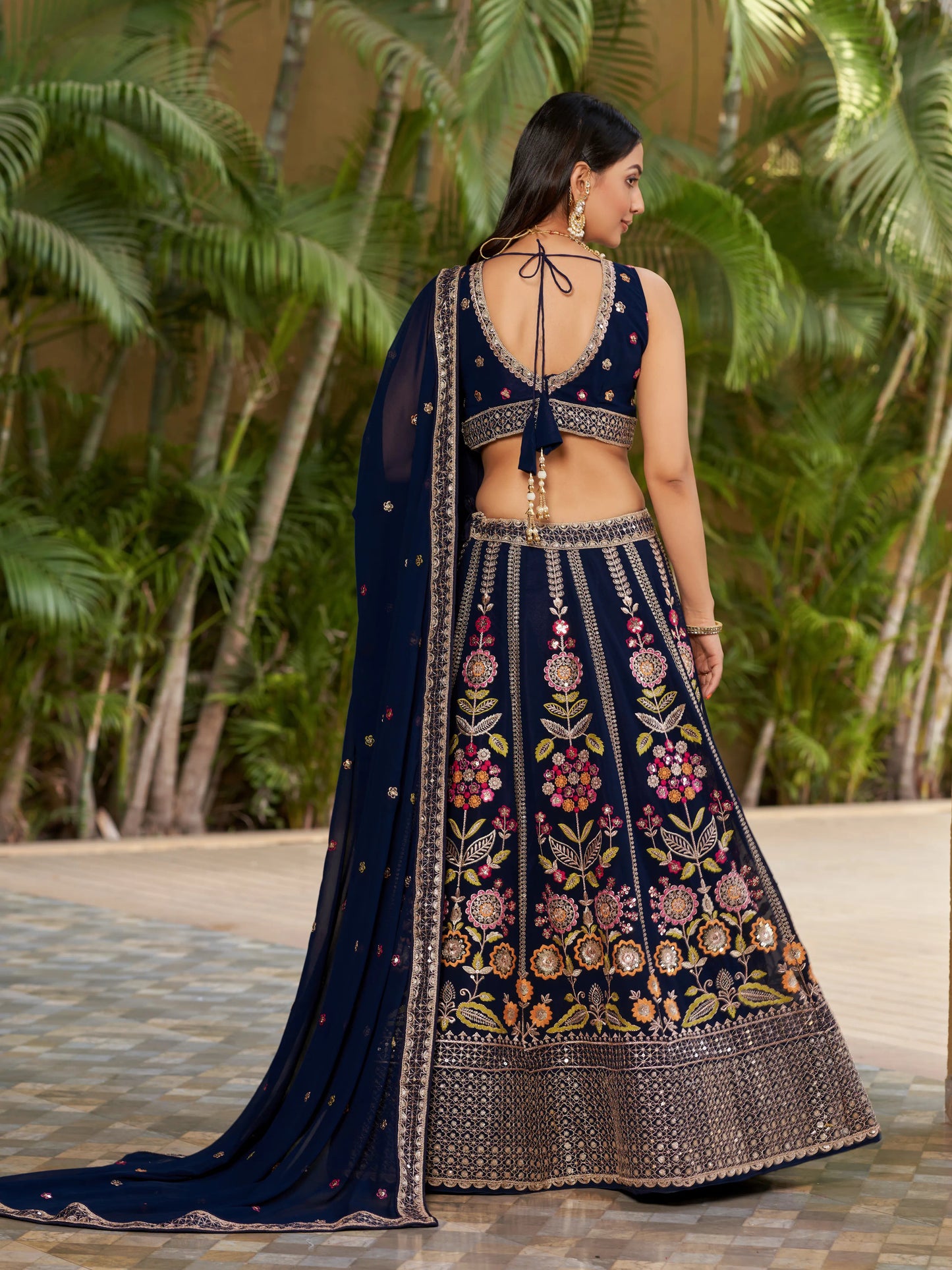 Navy Blue Lehenga Choli With Zari Sequins Embroidery