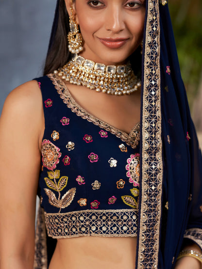 Navy Blue Lehenga Choli With Zari Sequins Embroidery