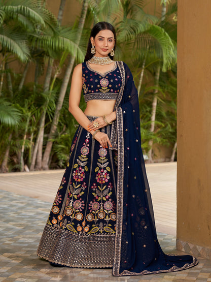 Navy Blue Lehenga Choli With Zari Sequins Embroidery