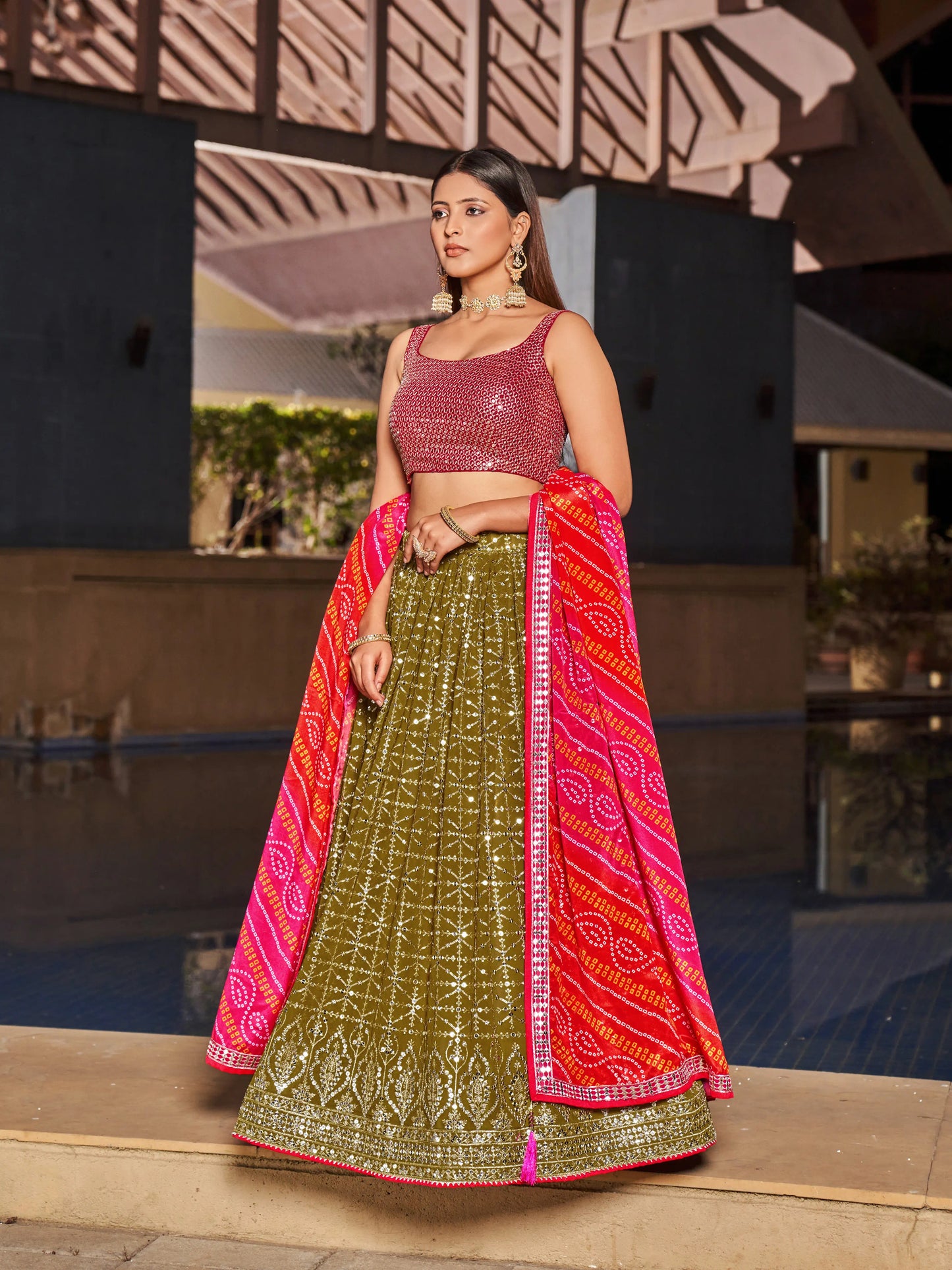 Olive Pink Lehenga Choli With Zari Sequins Embroidery