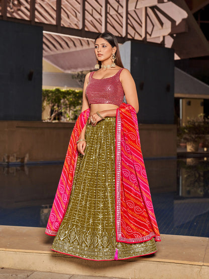 Olive Pink Lehenga Choli With Zari Sequins Embroidery