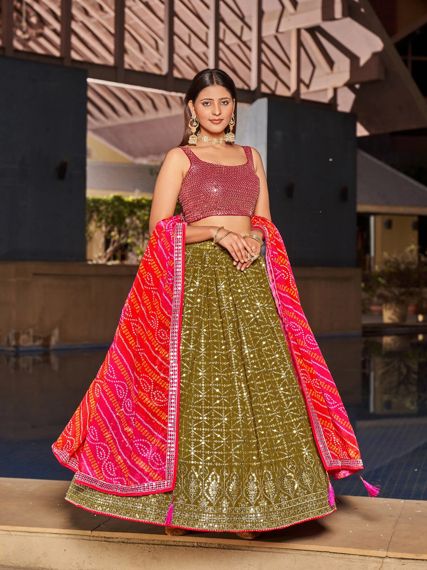 Olive Pink Lehenga Choli With Zari Sequins Embroidery