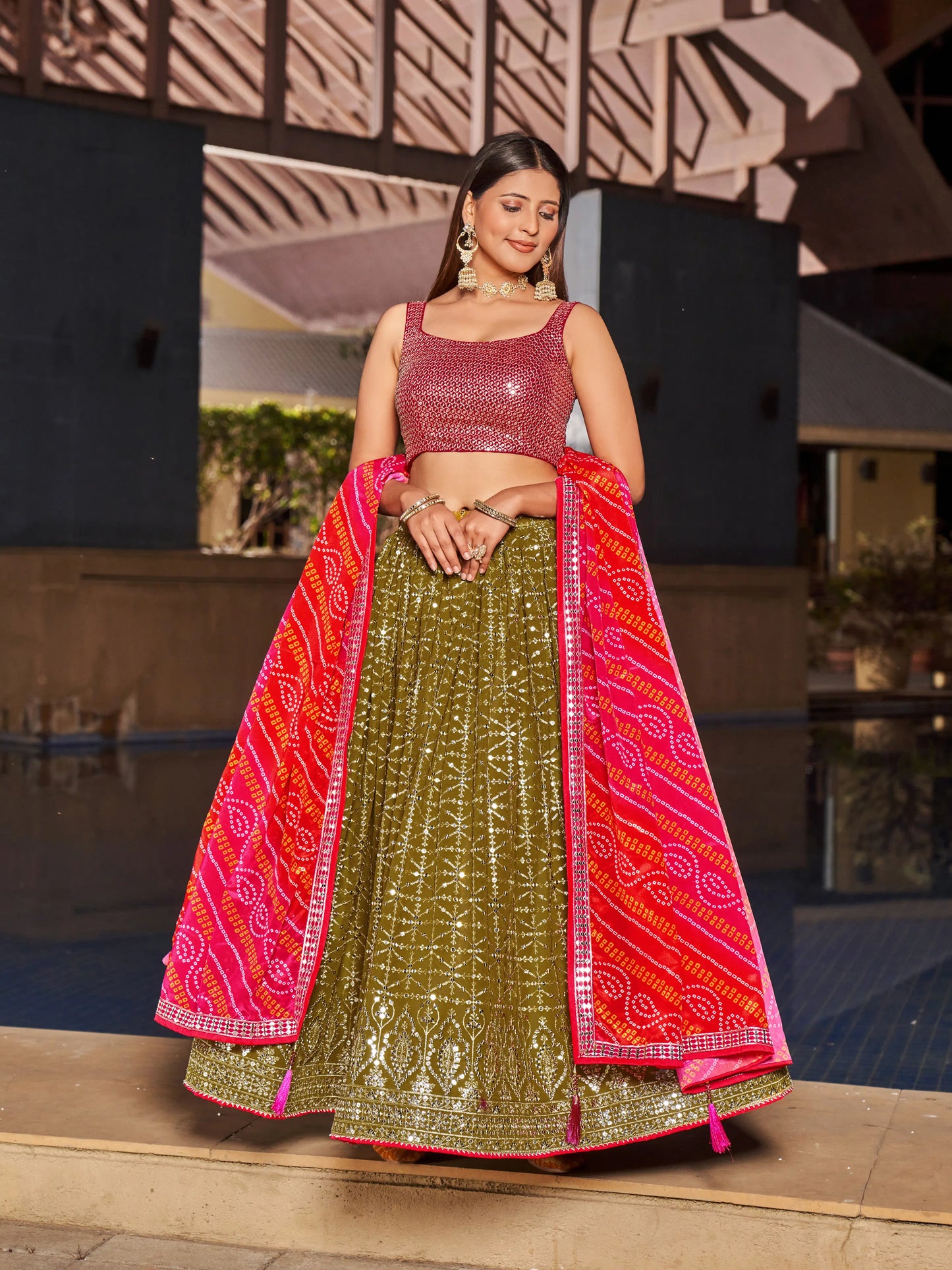 Olive Pink Lehenga Choli With Zari Sequins Embroidery