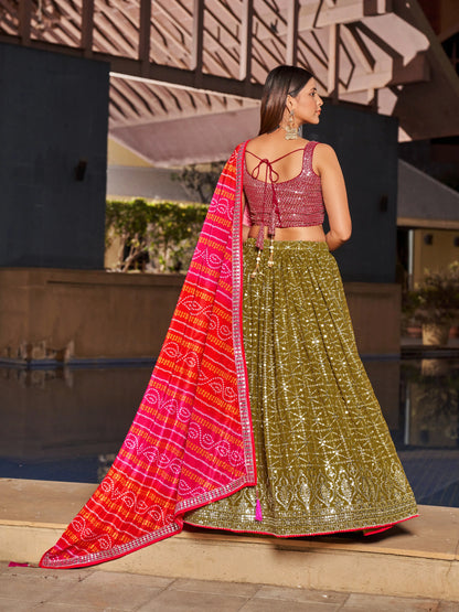 Olive Pink Lehenga Choli With Zari Sequins Embroidery