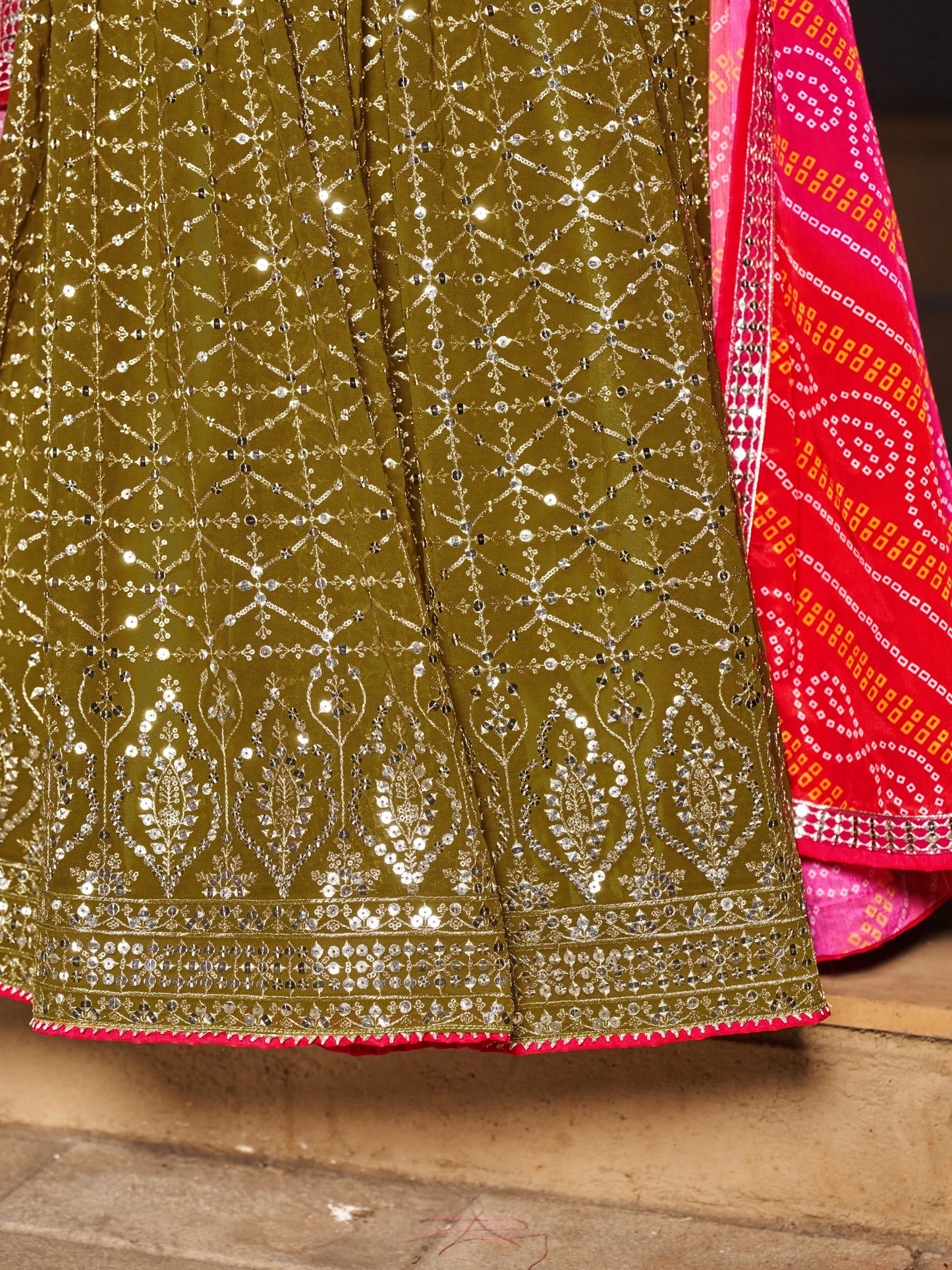 Olive Pink Lehenga Choli With Zari Sequins Embroidery