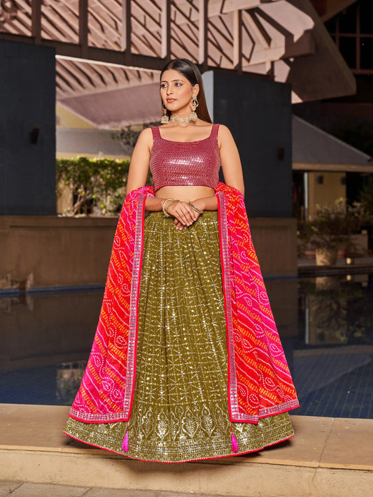 Olive Pink Lehenga Choli With Zari Sequins Embroidery