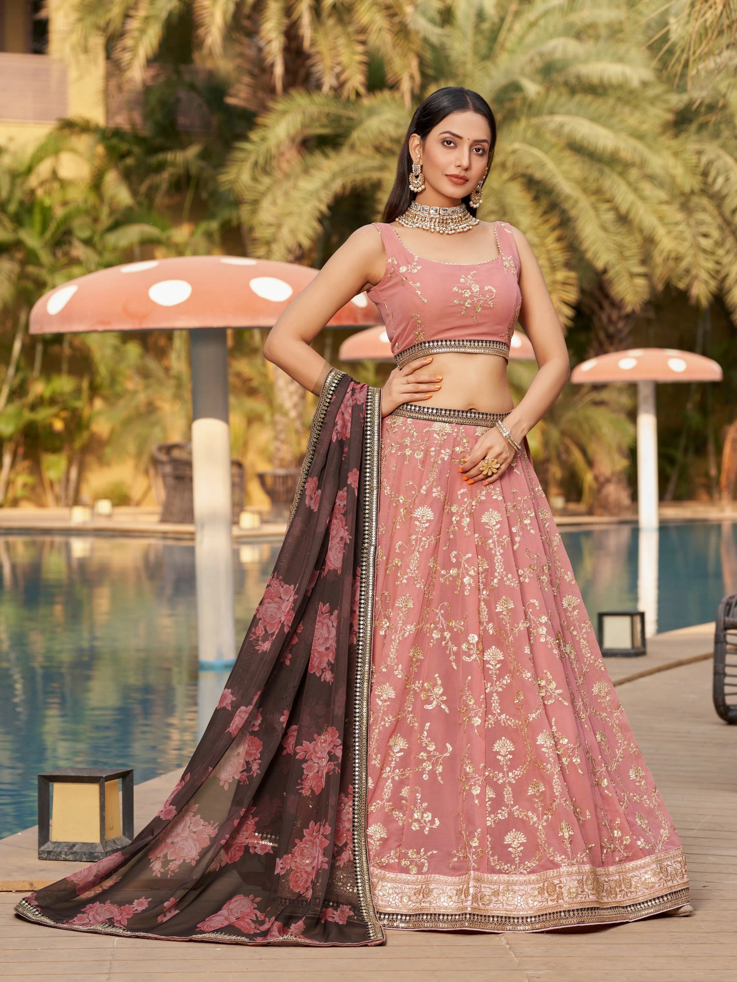 Pink Brown Lehenga Choli With Zari Sequins Embroidery