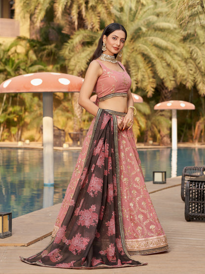 Pink Brown Lehenga Choli With Zari Sequins Embroidery