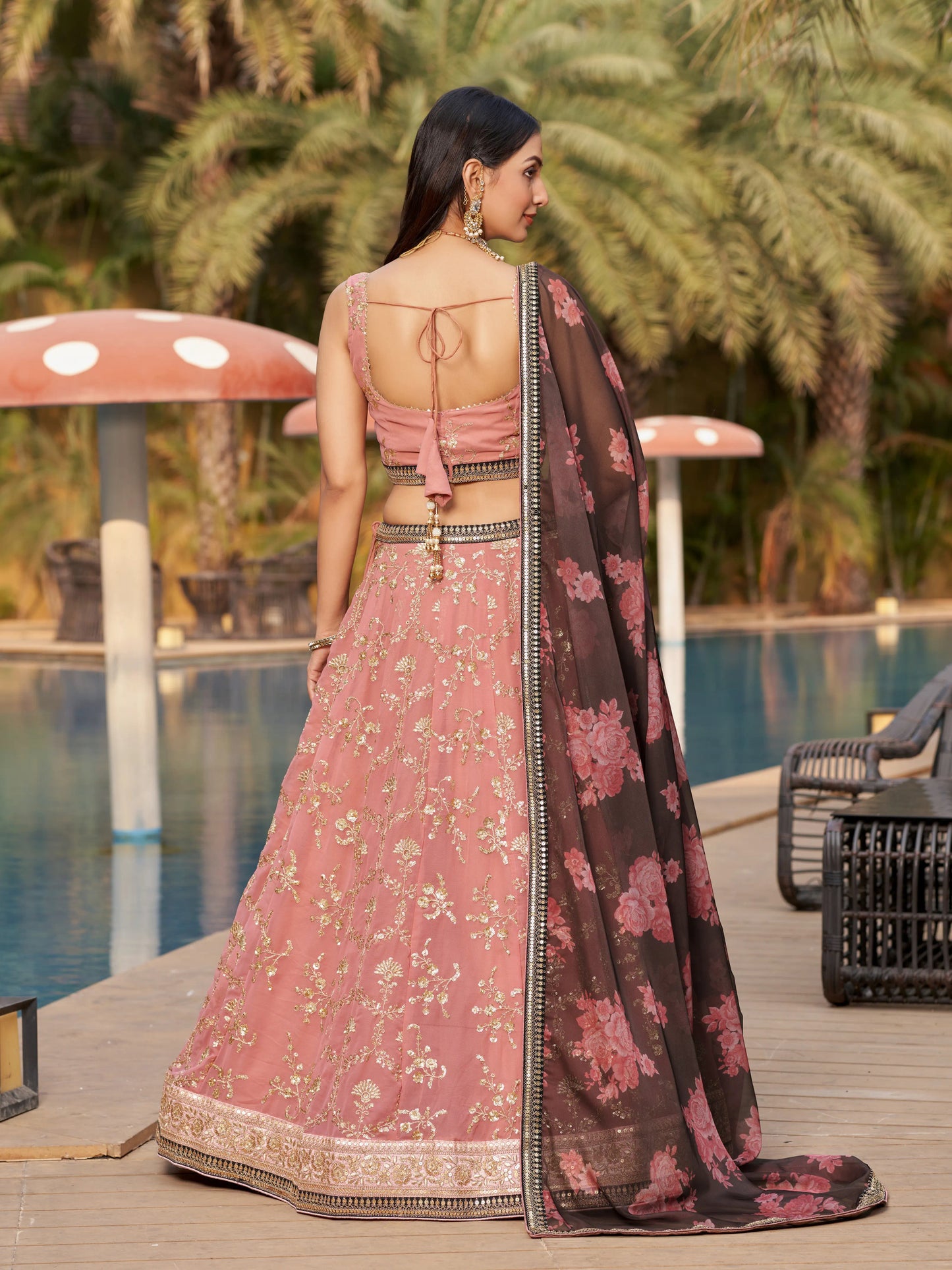 Pink Brown Lehenga Choli With Zari Sequins Embroidery