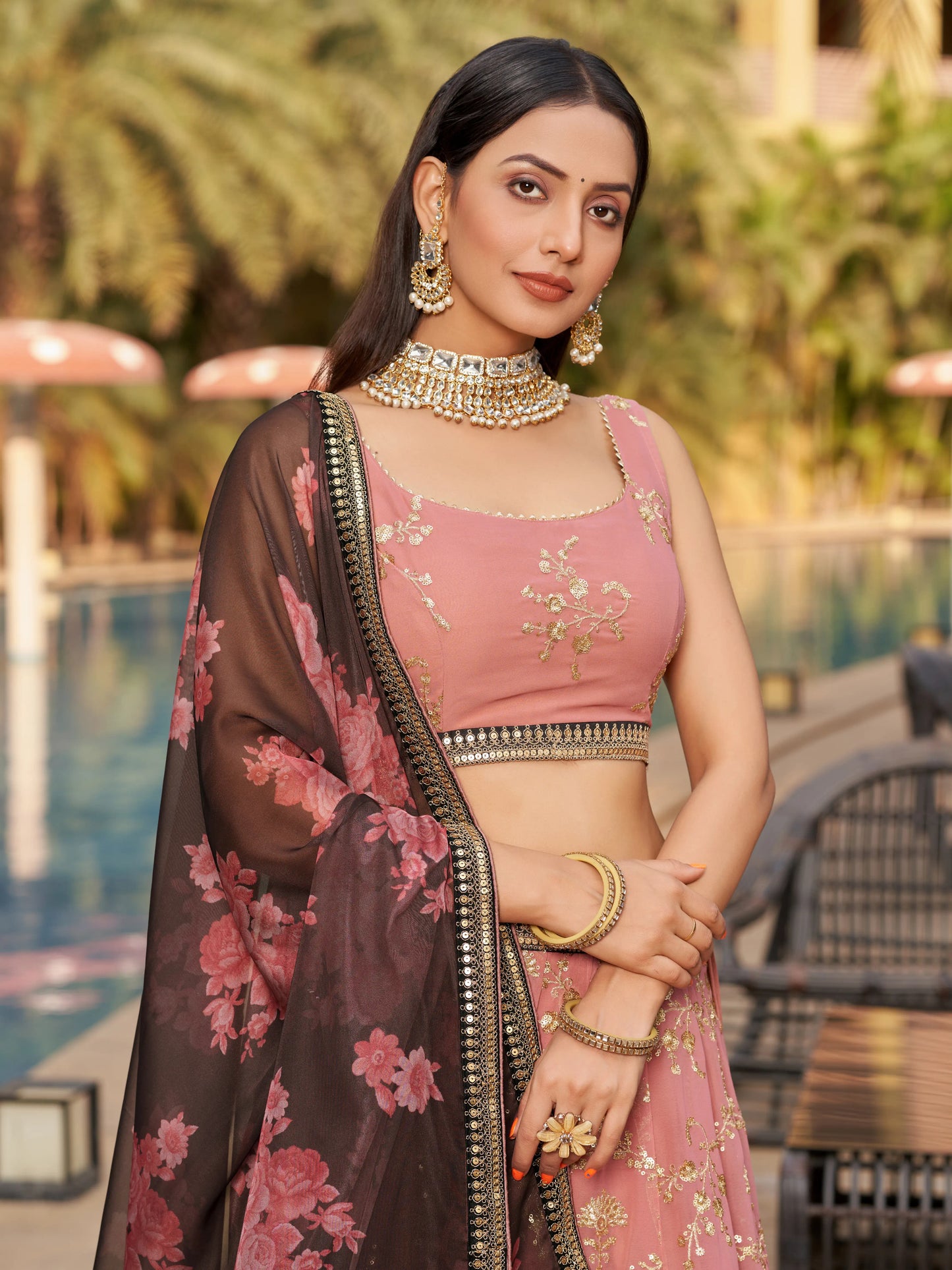 Pink Brown Lehenga Choli With Zari Sequins Embroidery