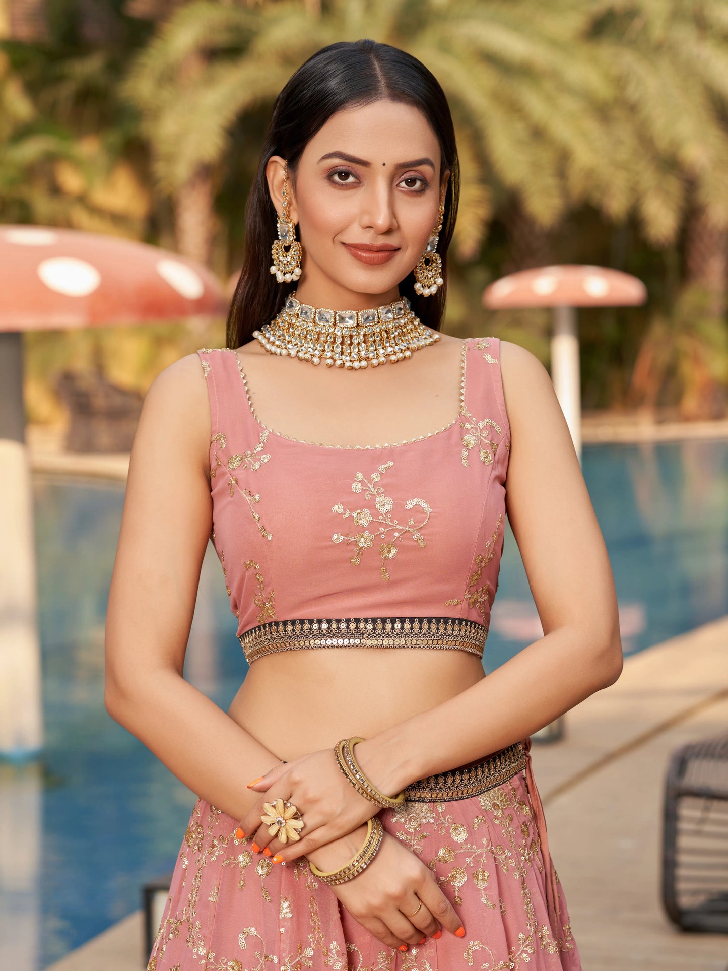 Pink Brown Lehenga Choli With Zari Sequins Embroidery