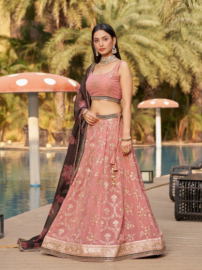 Pink Brown Lehenga Choli With Zari Sequins Embroidery