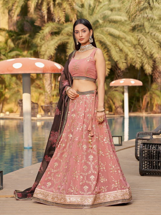 Pink Brown Lehenga Choli With Zari Sequins Embroidery