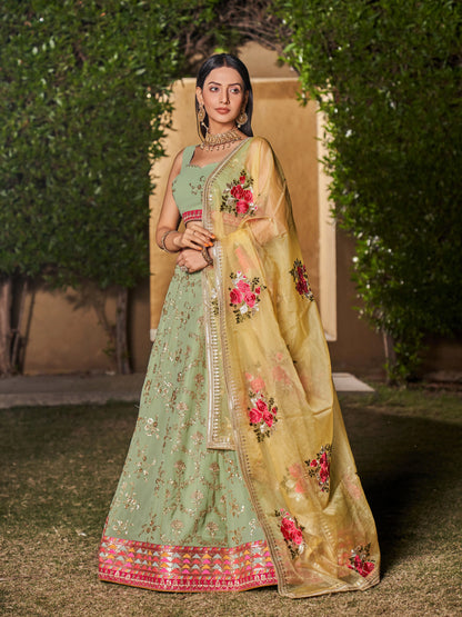 Pista yellow Lehenga Choli With Zari Sequins Embroidery