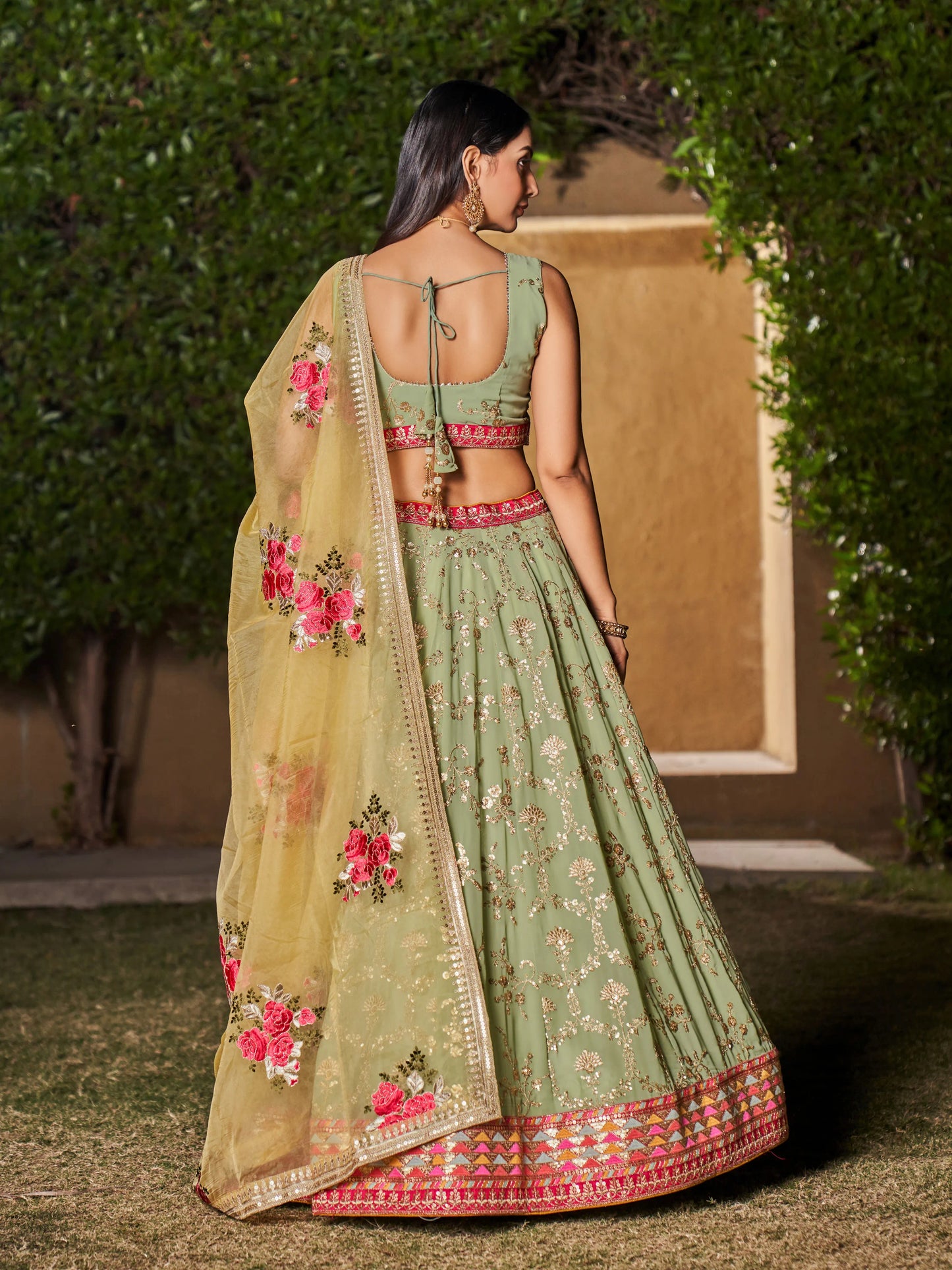 Pista yellow Lehenga Choli With Zari Sequins Embroidery