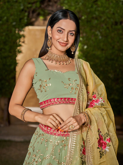 Pista yellow Lehenga Choli With Zari Sequins Embroidery