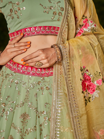 Pista yellow Lehenga Choli With Zari Sequins Embroidery