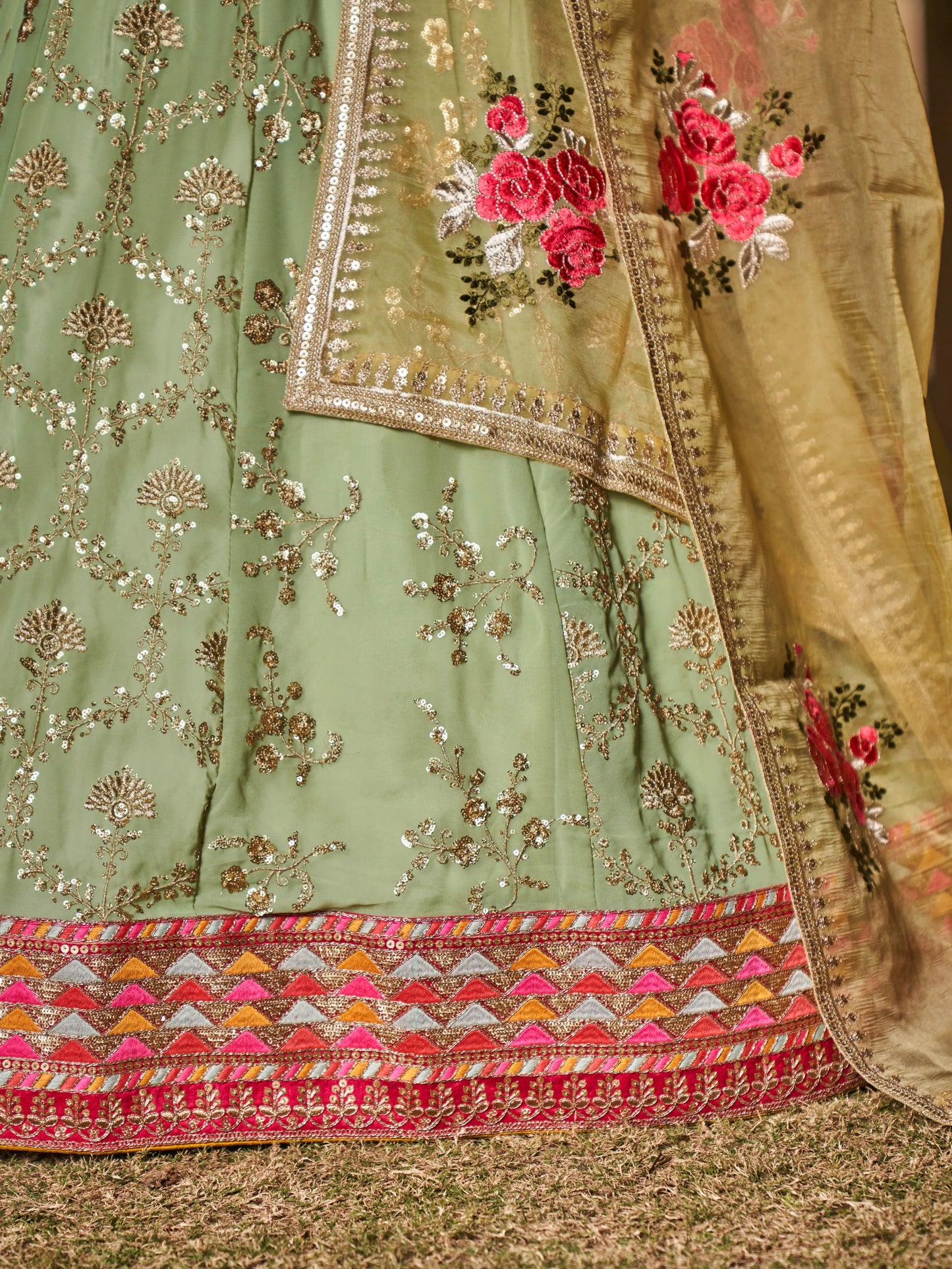 Pista yellow Lehenga Choli With Zari Sequins Embroidery