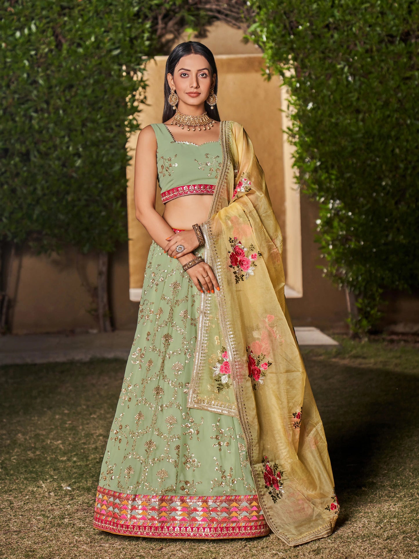 Pista yellow Lehenga Choli With Zari Sequins Embroidery