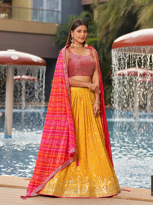 Yellow Pink Lehenga Choli With Zari Sequins Embroidery