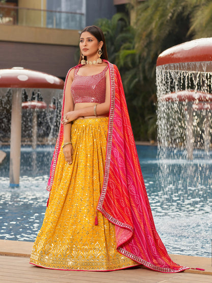 Yellow Pink Lehenga Choli With Zari Sequins Embroidery